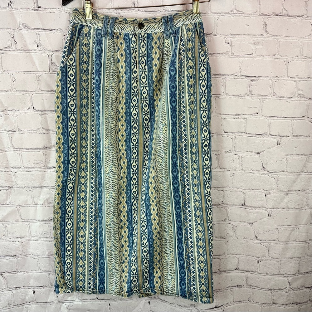 vtg western boho denim Midi pencil straight Skirt womens M cowgirl rodeo stripes